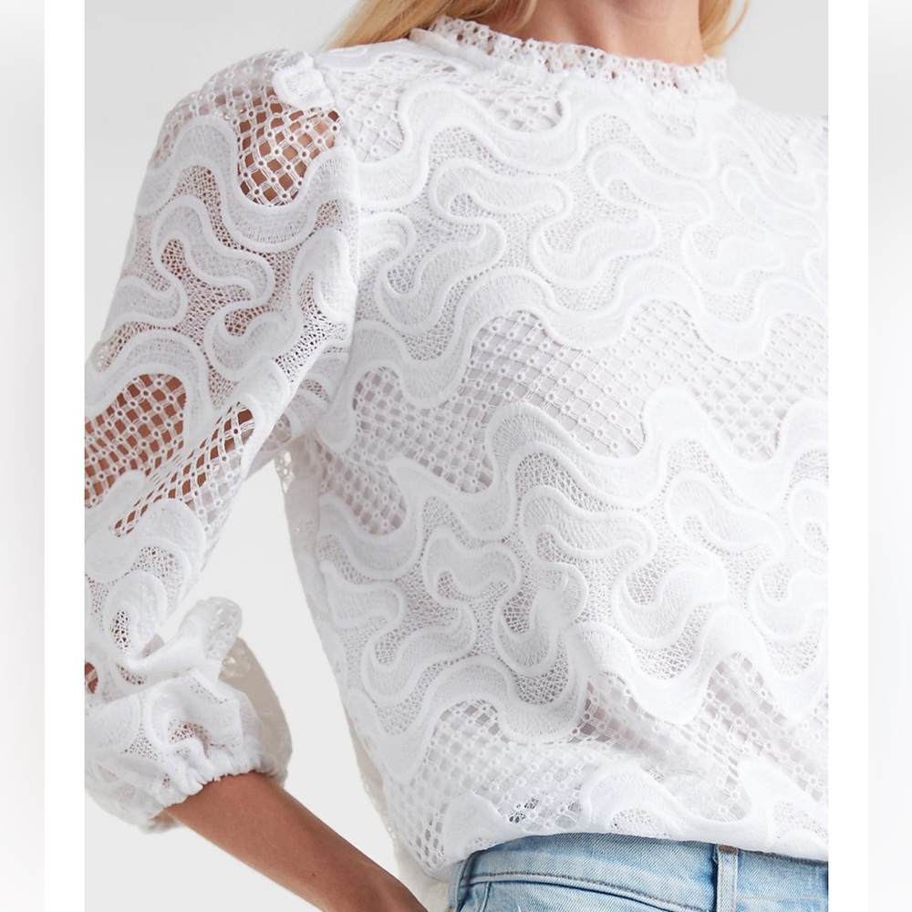 Express Ribbon Lace Ruffle Neck Top - White - XS - Picture 5 of 13
